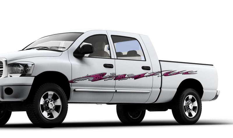 pink leopard stripes vinyl decal on side of white truck